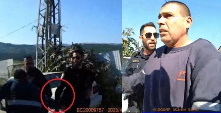 **على اليسار:** محاولة انتزاع مسدس الشرطي. **على اليمين:** المتهم يُقتاد إلى الدورية. *(صورة من ملف التحقيق)*