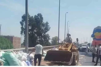 سقوط حمولة "جامبو" أعلى كوبري قها بالقليوبية.. وتدخل سريع لتسيير حركة المرور (صور)