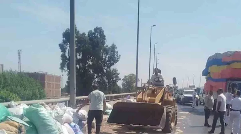 سقوط حمولة "جامبو" أعلى كوبري قها بالقليوبية.. وتدخل سريع لتسيير حركة المرور (صور)